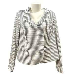 Jones New York Women's White W/ Black/Metallic Striped Ruffle Neck Blouse SZ XL